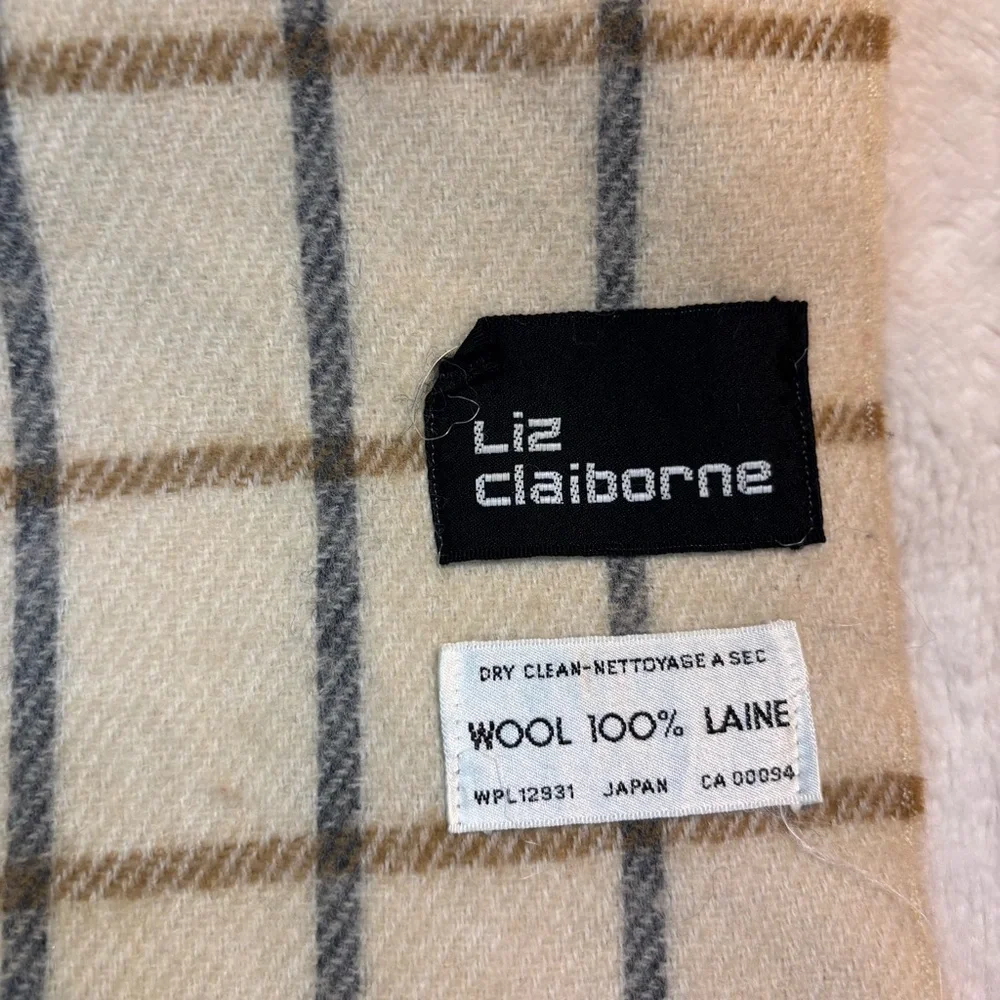 Vintage Liz Claiborne Scarf 100% Wool Cream Beige and Gray Plaid Fringe